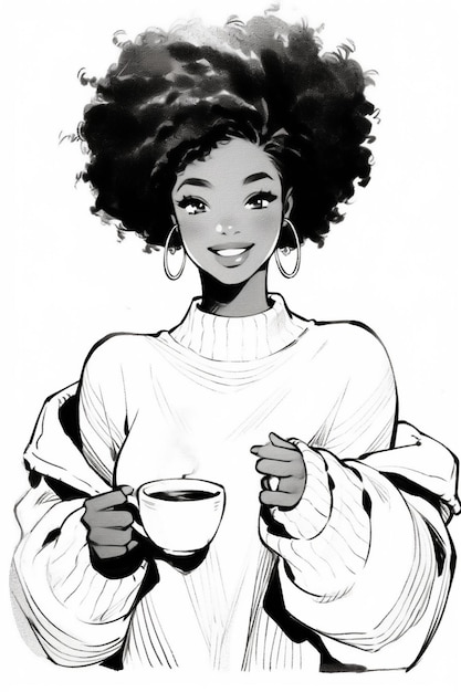 um desenho de uma mulher segurando uma xícara de café IA generativa