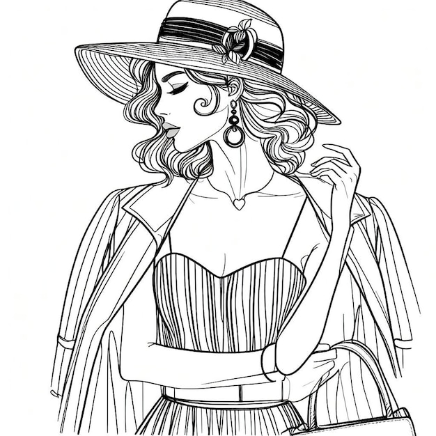 um desenho de uma mulher usando um chapéu com um colar nele