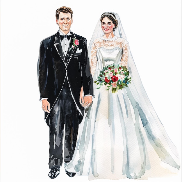um desenho de uma noiva e um noivo em um vestido de noiva