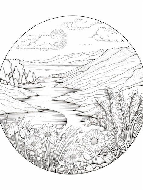 um desenho de uma paisagem com flores e um rio generativo ai