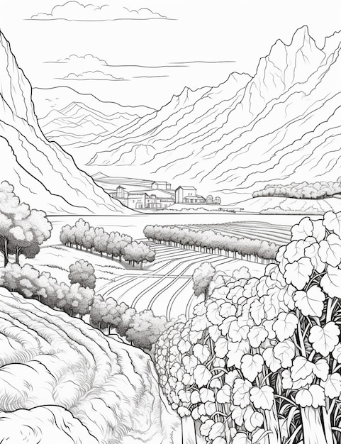 um desenho de uma paisagem com uma montanha e um vale generativo ai