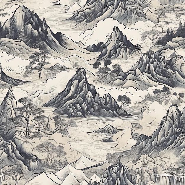 um desenho de uma paisagem de montanha com montanhas e nuvens.