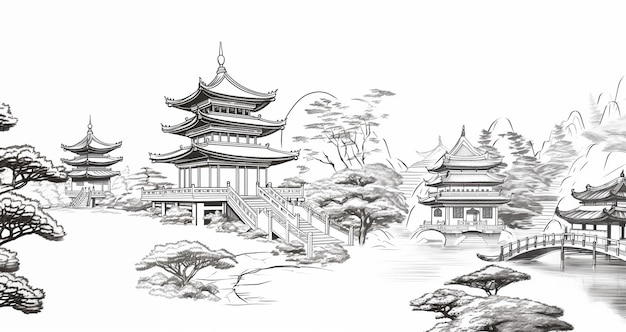 Foto um desenho de uma paisagem japonesa com um pagode e uma lagoa generativa ai