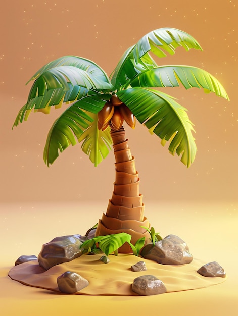 Foto um desenho de uma palmeira com pedras e pedras 3d renderização de uma árvore de coco ilha tropical verão f