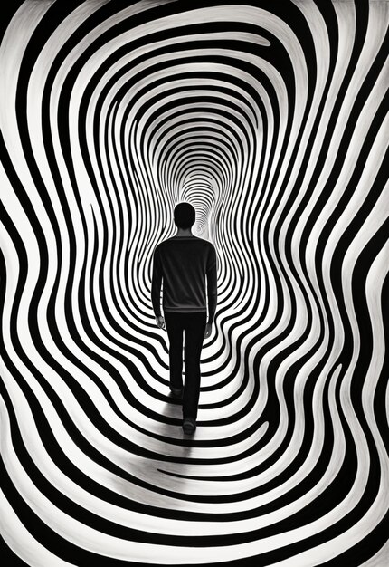 um desenho de uma pessoa de pé dentro de um padrão geométrico psicodélico preto e branco
