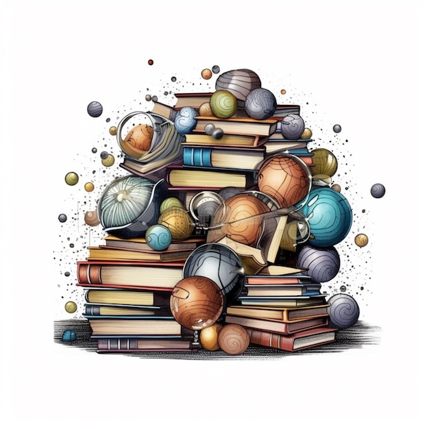 Um desenho de uma pilha de livros com um monte de bolas generativas ai