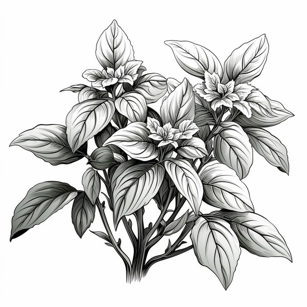 um desenho de uma planta com folhas e flores em um fundo branco generativ ai