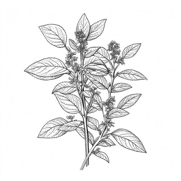 um desenho de uma planta com folhas e flores em um fundo branco