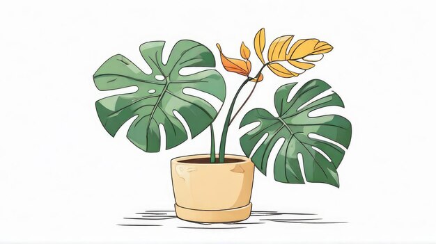 um desenho de uma planta com uma flor amarela e uma folha verde