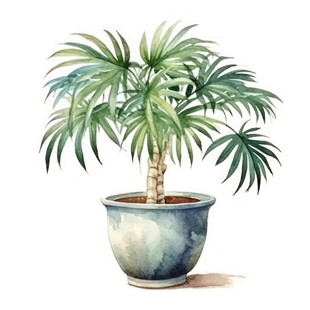 um desenho de uma planta em vaso com uma flor azul e branca.