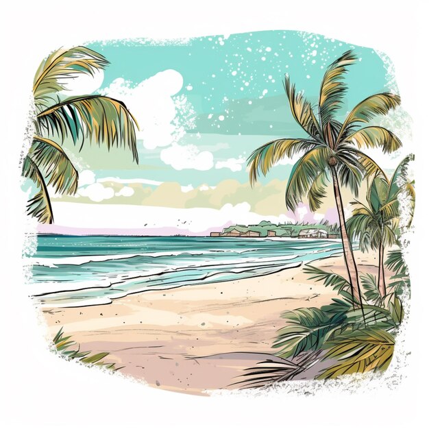 um desenho de uma praia com palmeiras e um oceano azul generativo ai