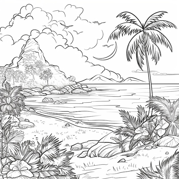 um desenho de uma praia com palmeiras e uma praia no fundo