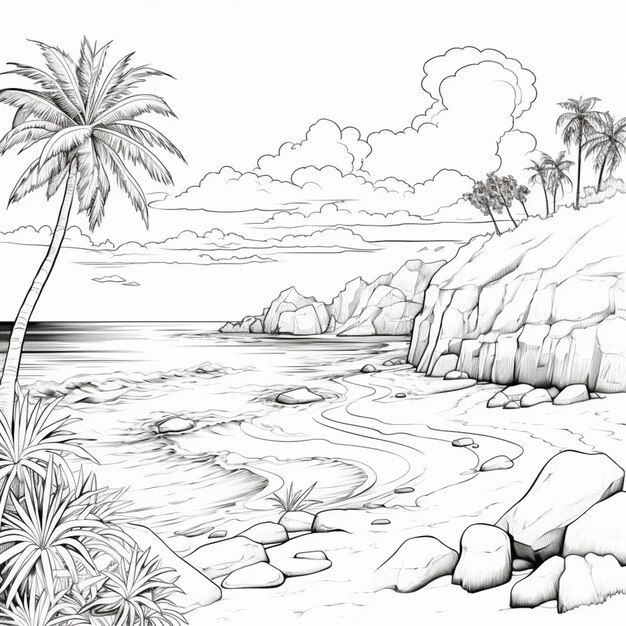 Foto um desenho de uma praia com rochas e palmeiras