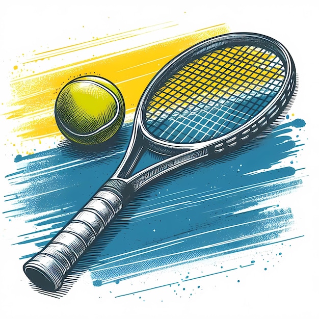 um desenho de uma raquete de tênis com uma bola e uma bola