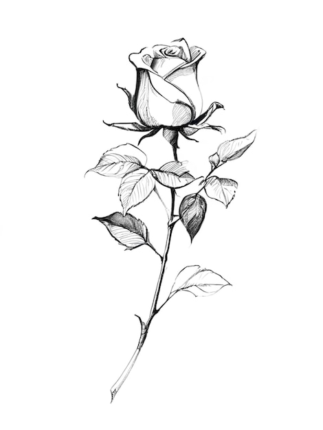 um desenho de uma rosa branca com folhas nela