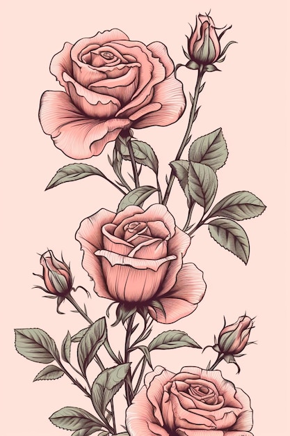 Um desenho de uma rosa com folhas e botões em um fundo rosa