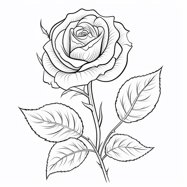 Foto um desenho de uma rosa com folhas em um fundo branco