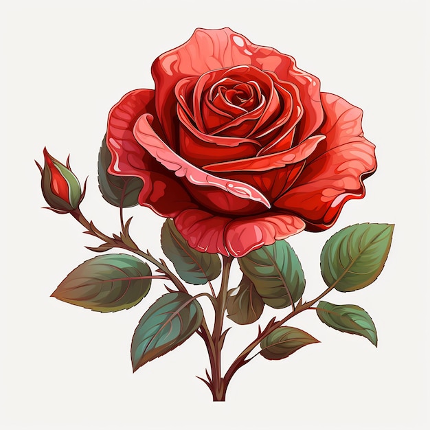 um desenho de uma rosa vermelha com folhas verdes e folhas vermelhas