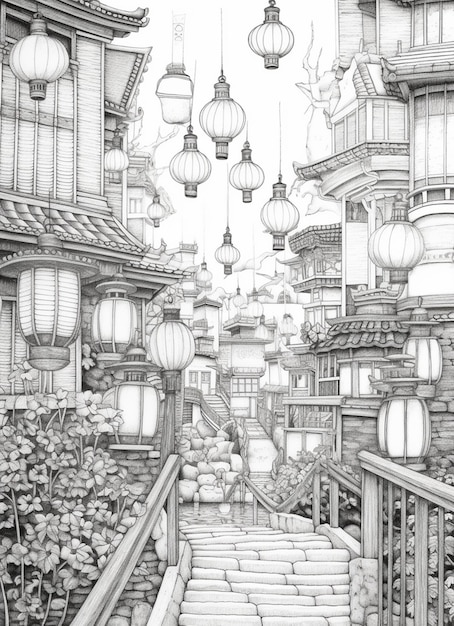 Um desenho de uma rua com lanternas e uma escada que leva a um edifício generativo ai