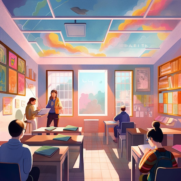 Um desenho de uma sala com um livro chamado escola na parede