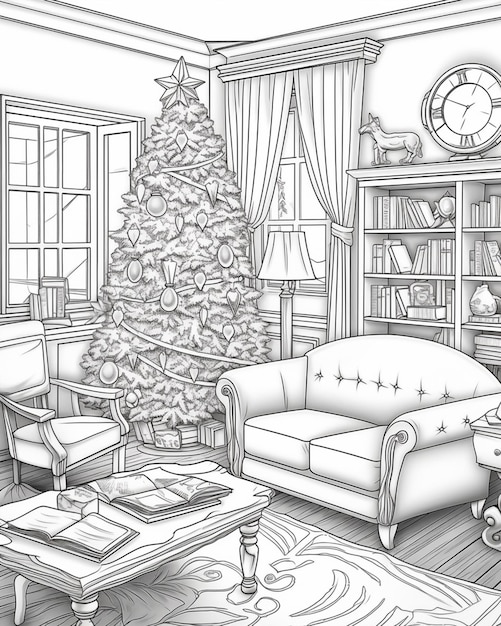 um desenho de uma sala de estar com uma árvore de natal e um sofá generativo ai