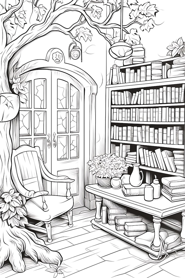 Foto um desenho de uma sala de estar com uma árvore e um sofá