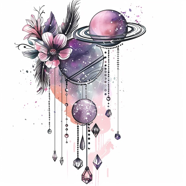 um desenho de uma tatuagem com tema espacial com um Saturno e flores generativas ai