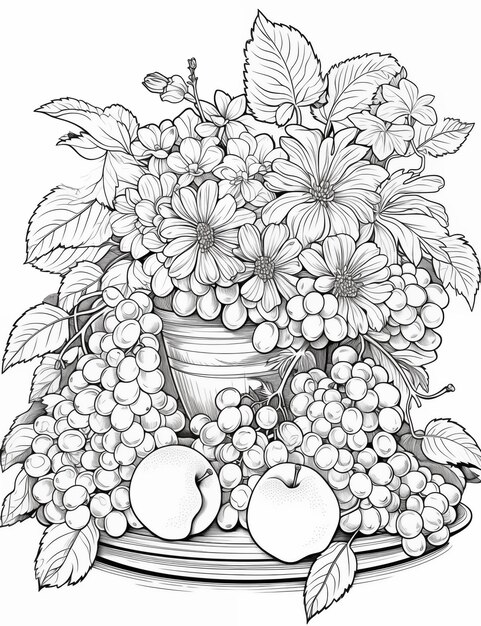 Foto um desenho de uma tigela de frutas e flores em uma placa generativa ai