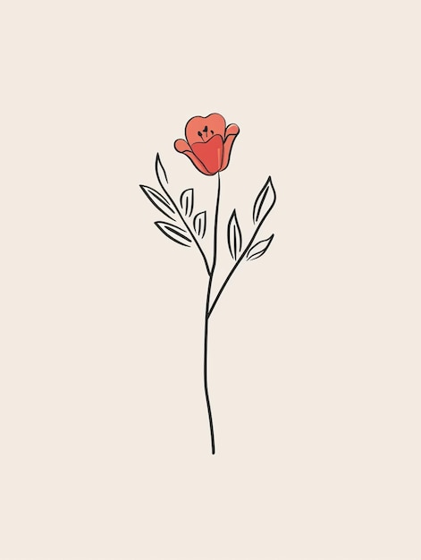 Foto um desenho de uma única flor vermelha com folhas em um fundo branco