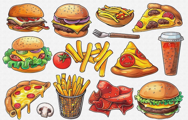 um desenho de uma variedade de alimentos, incluindo hambúrgueres com queijo, batatas fritas, queijo e queijo