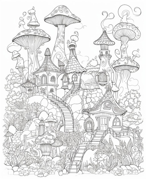 Um desenho de uma vila de conto de fadas com uma casa de cogumelo no topo.