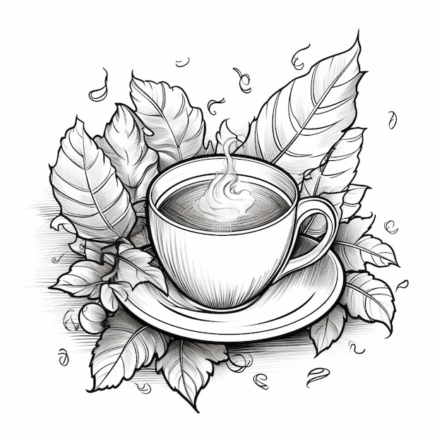 um desenho de uma xícara de café com folhas ao lado generativa ai