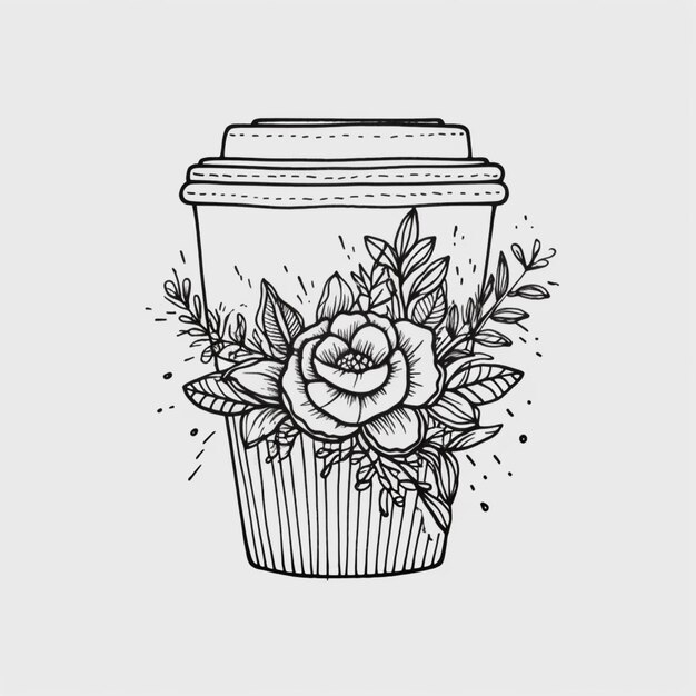 Um desenho de uma xícara de café com uma flor sobre ela