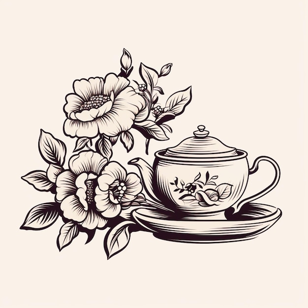 Foto um desenho de uma xícara de chá e pires com flores em um pires generativo ai