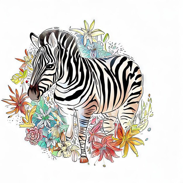 Um desenho de uma zebra com um fundo colorido e uma flor nele.