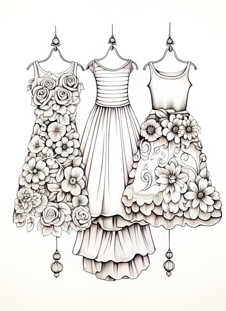 um desenho de vestidos com flores e as palavras primavera na parte inferior