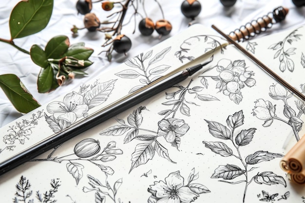 Foto um desenho detalhado de flores e folhas numa folha de papel adequado para projectos botânicos e de natureza