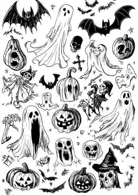 Um desenho detalhado de vários símbolos do Halloween