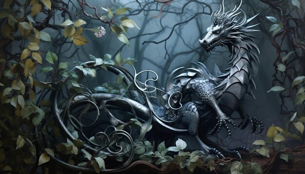 Um desenho digital com um dragão chinês feito de ferro forjado