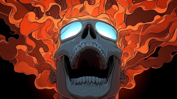 Foto um desenho dramático de crânio com chamas ardentes e olhos brilhantes perfeito para visuais de terror ou com tema de halloween