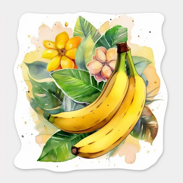 Um desenho em aquarela de bananas e flores.