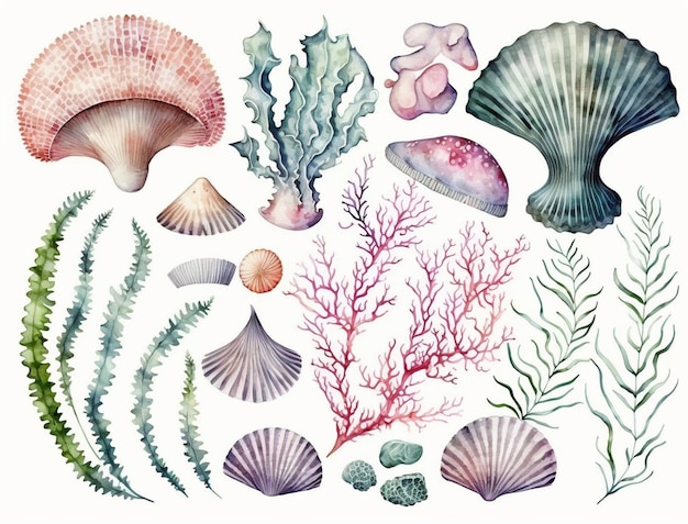 Um desenho em aquarela de conchas do mar e algas marinhas.