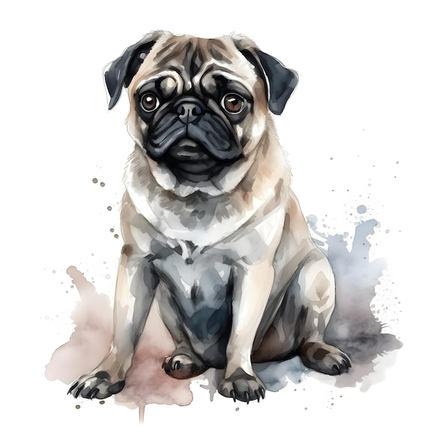 Um desenho em aquarela de um cachorro pug