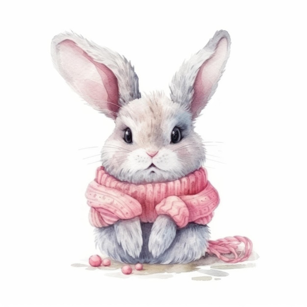 Um desenho em aquarela de um coelho vestindo um suéter rosa.