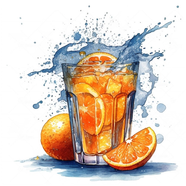 Um desenho em aquarela de um copo de suco de laranja com um pouco de água.