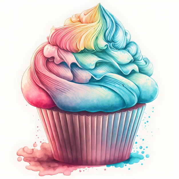Um desenho em aquarela de um cupcake com um design colorido do arco-íris