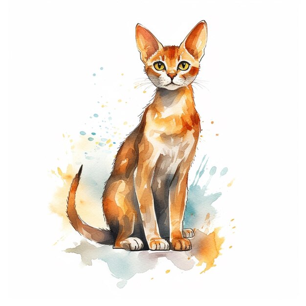 Um desenho em aquarela de um gato com olhos amarelos