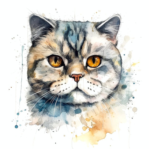 Um desenho em aquarela de um gato com olhos amarelos
