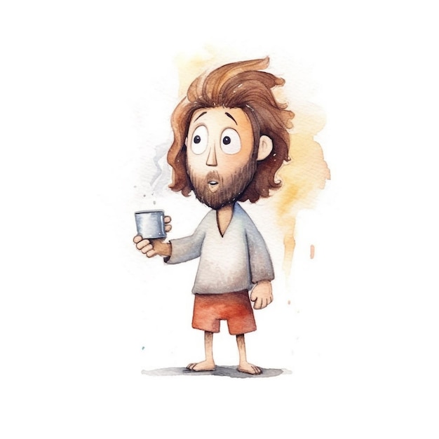 Um desenho em aquarela de um homem com barba e shorts laranja segurando uma xícara de café.