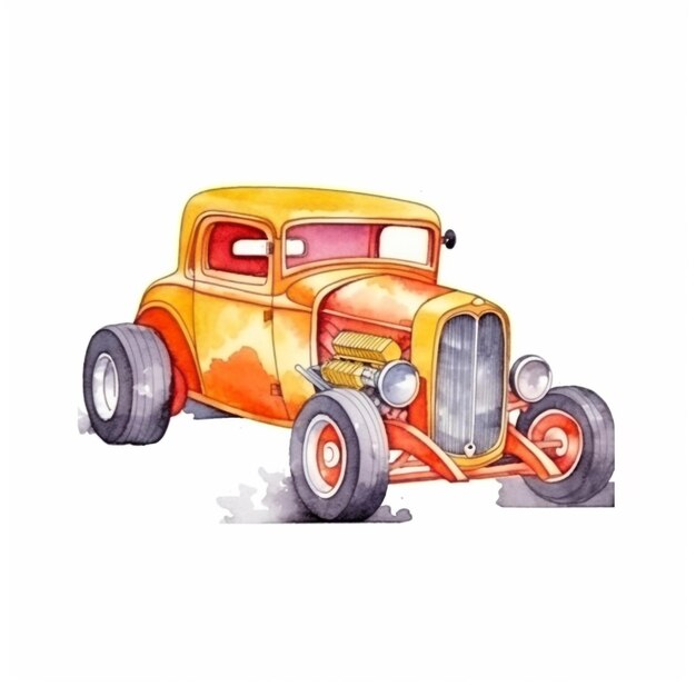 Um desenho em aquarela de um hot rod vintage.